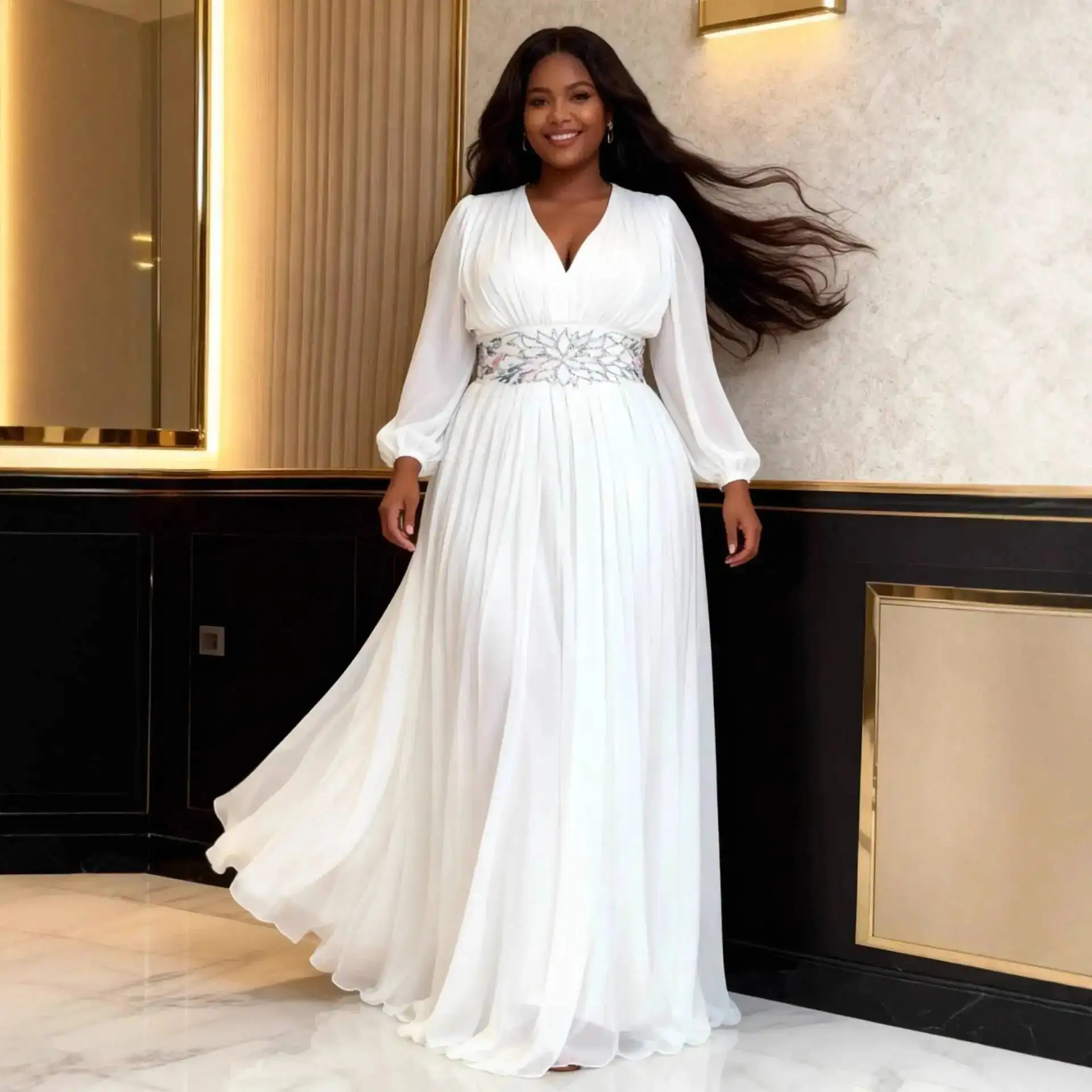

Plus-size Women's White V-neck Waist-cinching Long-sleeve Dress, Elegant Chiffon Gown With A Large Hem For Plus-size Ladies Y2K