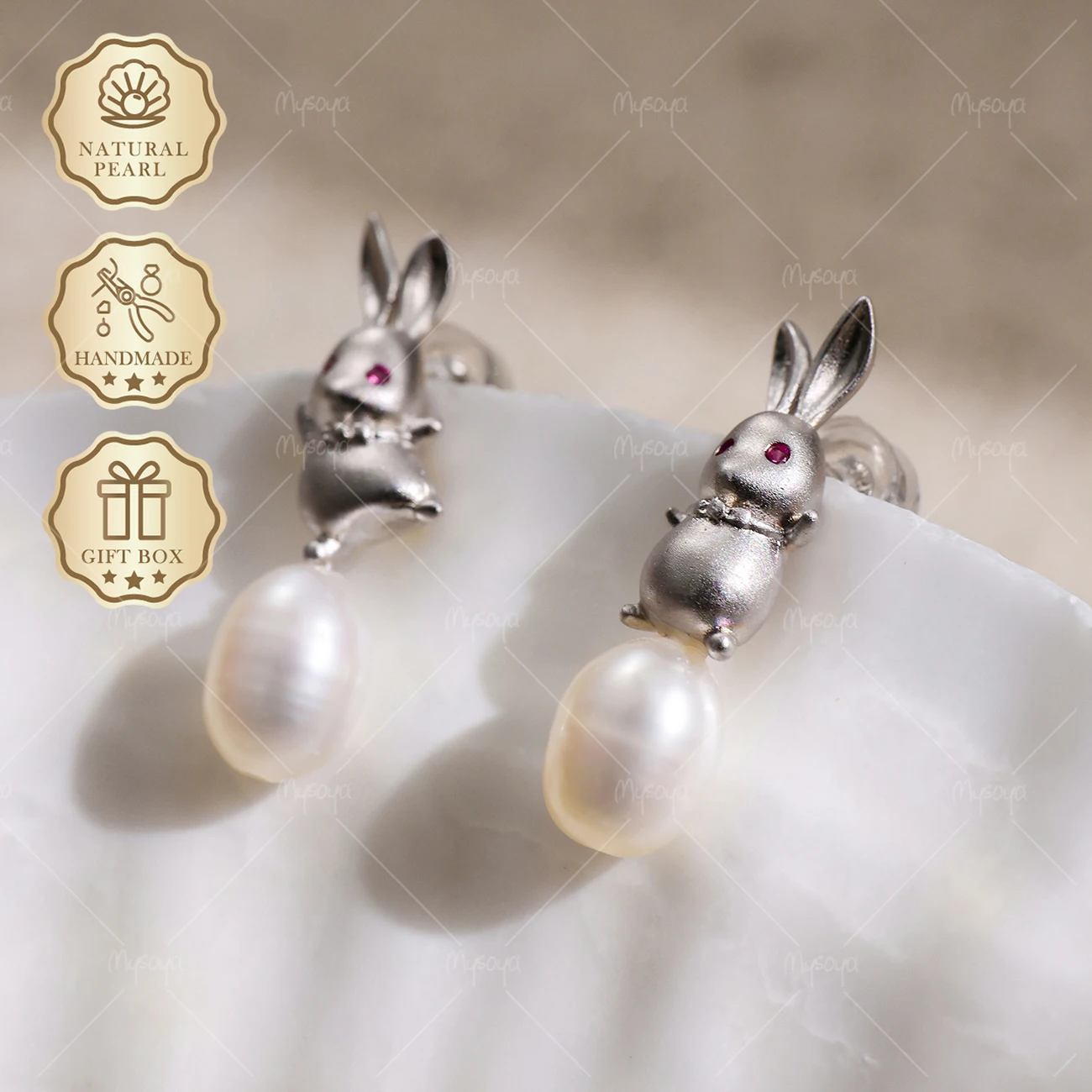 MYSOYA 6-7mm Red-Eyed Bunny Pearl Stud Earrings, Gift Box, Birthday & Mother's Day Jewelry S399