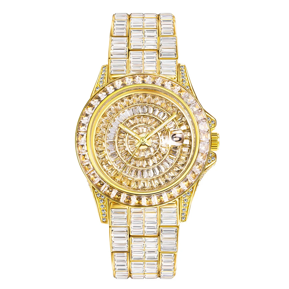 

Fashion Quartz Analog Stainless Steel Bracelet Wrist Watch Blinged Out Colorful Dial Full Diamond Hop Rocks Watches