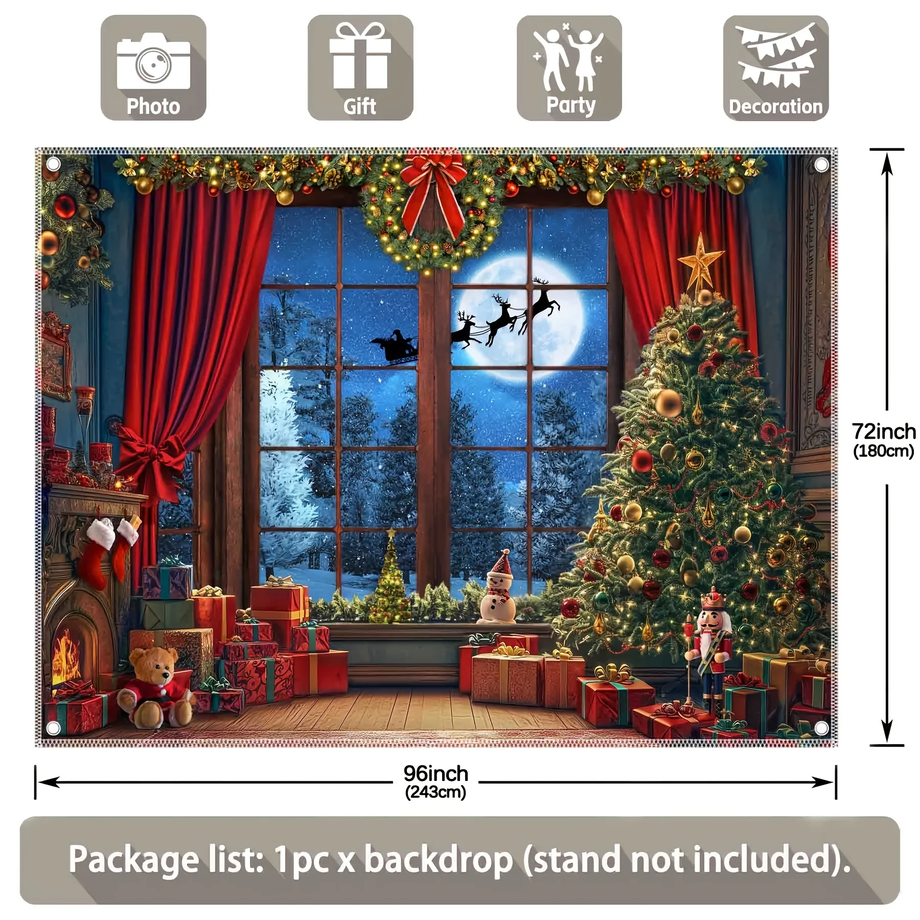 خلفية تصوير عيد الميلاد مع القمر، الغزلان، الشجرة، الستائر الحمراء، رجل الثلج، غابة السماء المرصعة بالنجوم، علم معلق على الحائط للعطلات