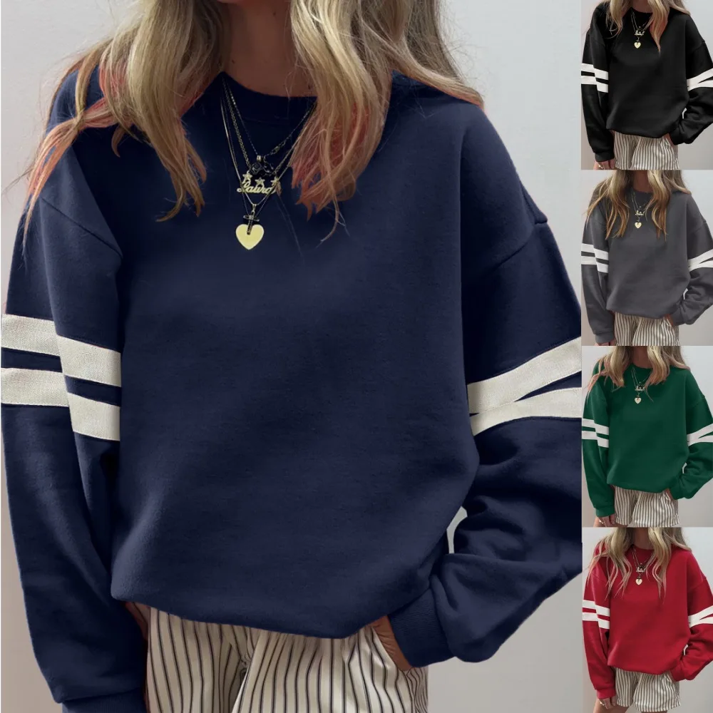 Women's Crew Neck Sweatshirt Contrast Striped Sleeves Drop Shoulder Loose Fit Casual Pullover