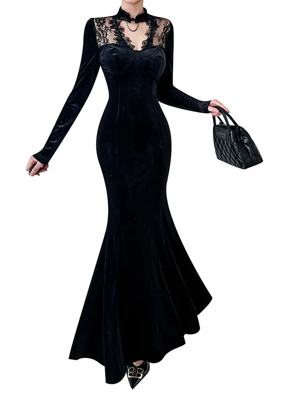 Vestido largo ajustado de sirena de terciopelo negro con apliques de encaje Vintage, elegante, ajustado, transparente, detalles recortados, ropa de mujer de moda coreana