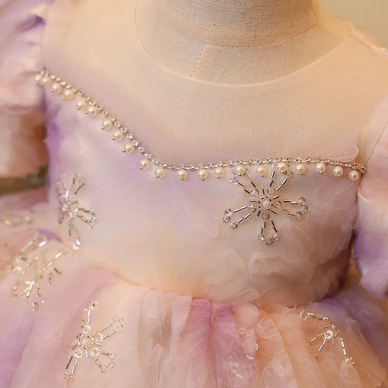 New Girls Beading Design Pink Princess Ball Gown Children Birthday Party Wedding Performance Dress g113