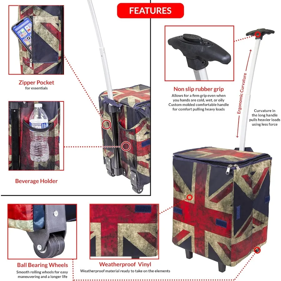 Smart Cart Britain Collapsible Rolling Utility Cart with Basket for Grocery Shopping Teacher Storage Hobby Craft Art Projects D