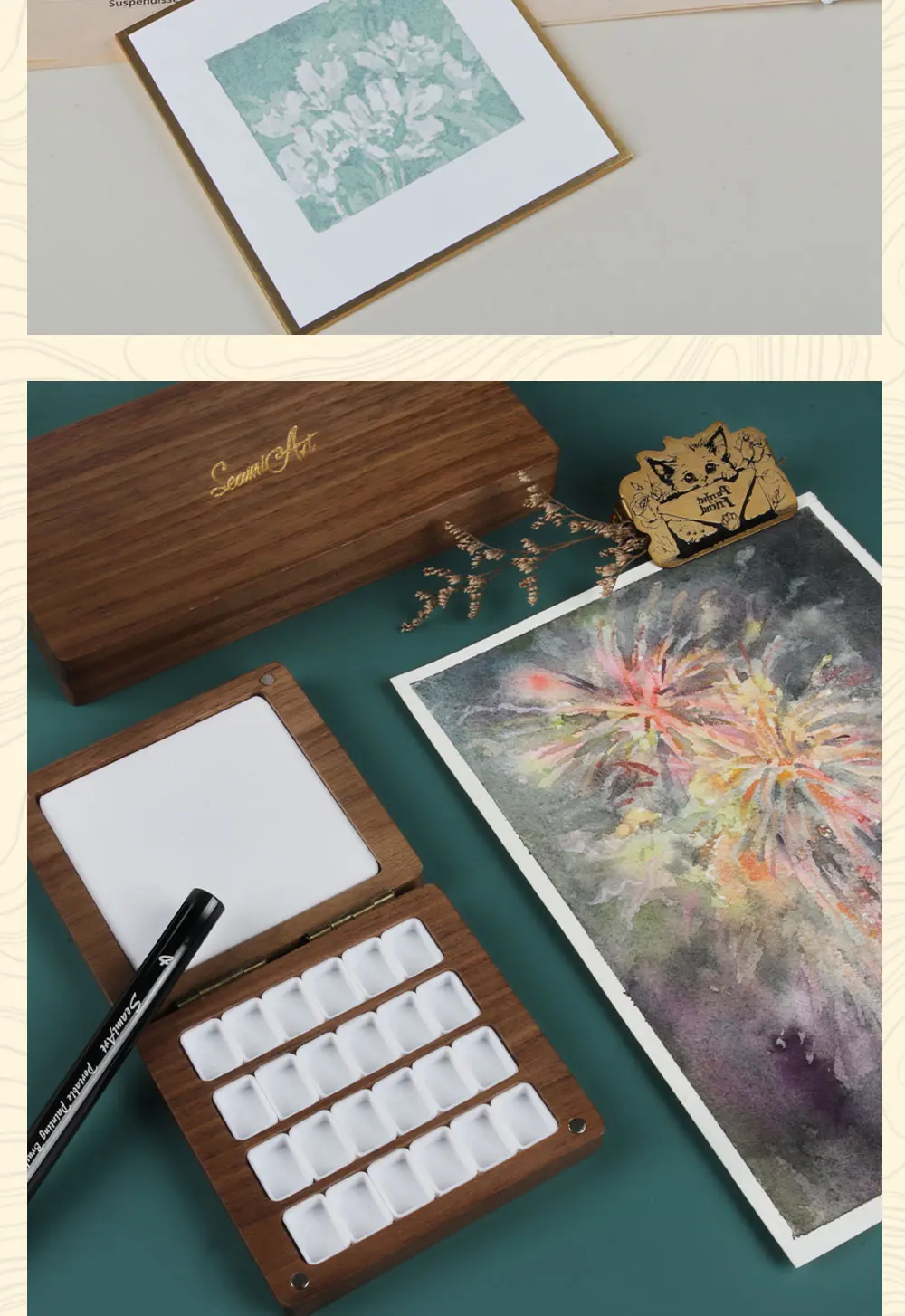 SeamiArt 1 Stück quadratische Malbox aus schwarzem Walnussholz mit Palette, 0,5 ml halbe Pfannen für Aquarell-Unterpaket, Aufbewahrung, Kunstbedarf – Detail 10