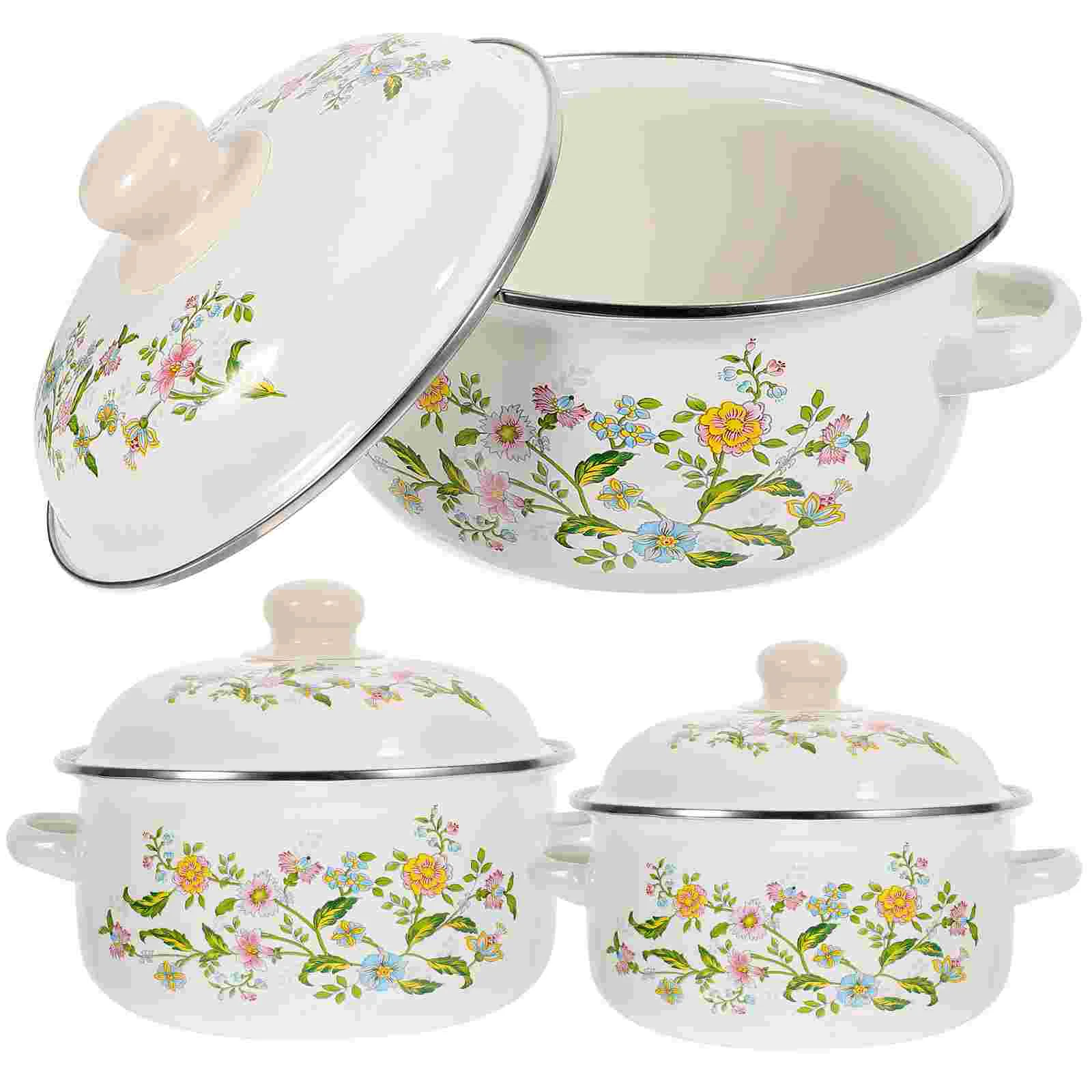 Floral Retro Cooking Pot Earthen Enamel Cooker Small Sauce Pan Casserole Cookware