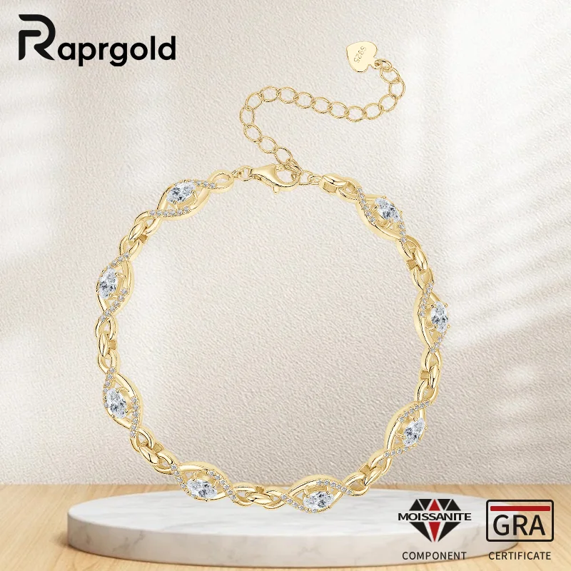 

RAPRGOLD Oval Cut 0.3CT Moissanite Eye of Evil Chain Bracelet for Women 925 Sterling Silver Bracelets Wedding Fine Jewelry Gifts