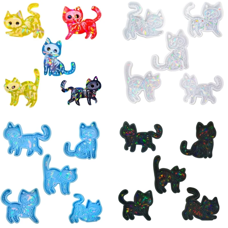 Cute Cat Shaped Silicone Mold Holographic Animal Resin Mold DIY Keychain Jewelry Earring Pendant Tool Crafts Making Supplies