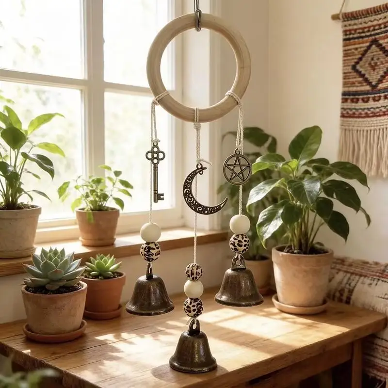 Bohemian Wind Chime With Natural Wooden Hoop And Vintage Metal Bells Perfect For Porch Balcony Boho Style Home Wall Decoration