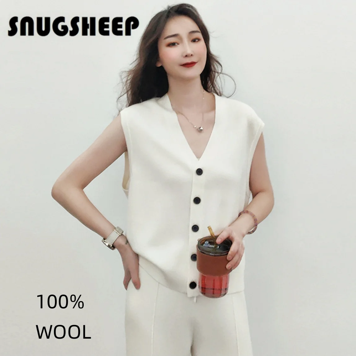 100 wool button up vest women v neck white top knitted sweater gilet fashion fall clothes korean style womens tops streetwear