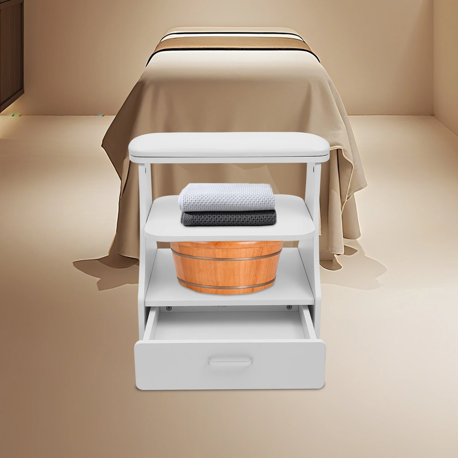 รถเข็นทำเล็บมือและเล็บเท้า 3 ชั้น ทำจากไม้เอ็มดีเอฟ สีขาว พร้อมเก้าอี้ทำเล็บมีล้อเบรก สำหรับใช้ในสปาและคลินิกเสริมความงาม