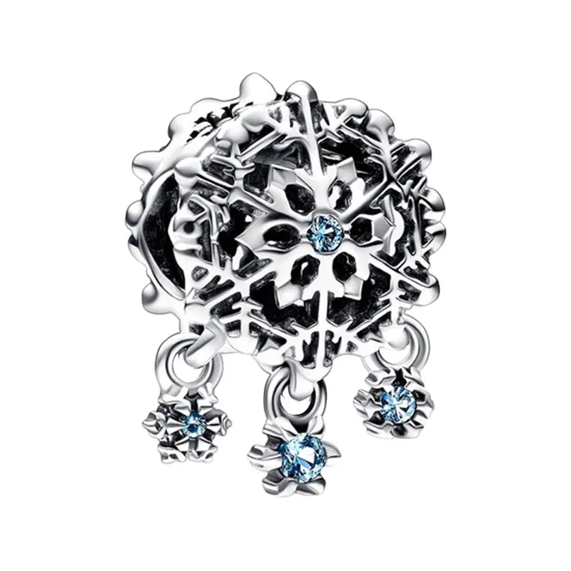 

Winter Nature Icy Snowflake Drop Charms Women Blue Crystals Microbeads 925 Sterling Silver Original Jewelry Making DIY Bracelets