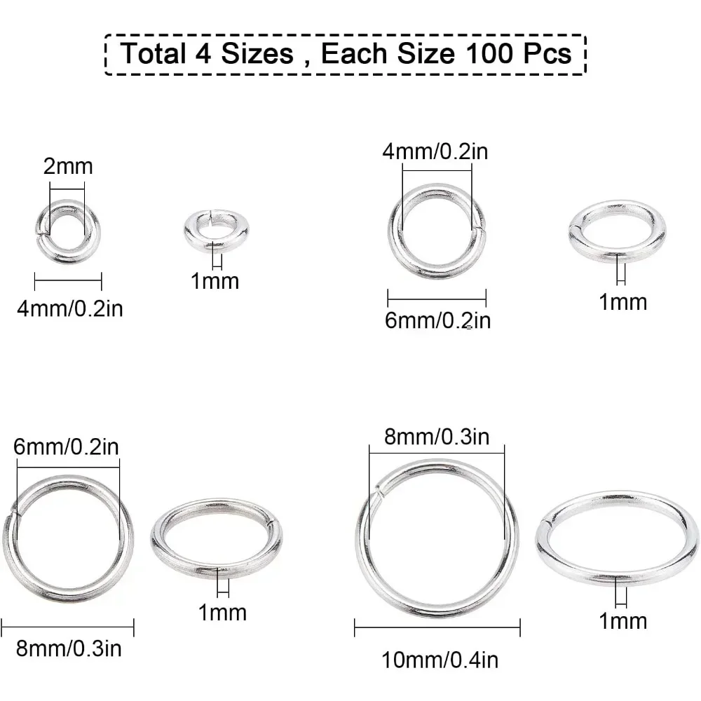 1 Box 400PCS 304 Stainless Steel Thick Strong Jump Rings Silver Metal Rings Craft Polished Smooth Connector Jump Rings