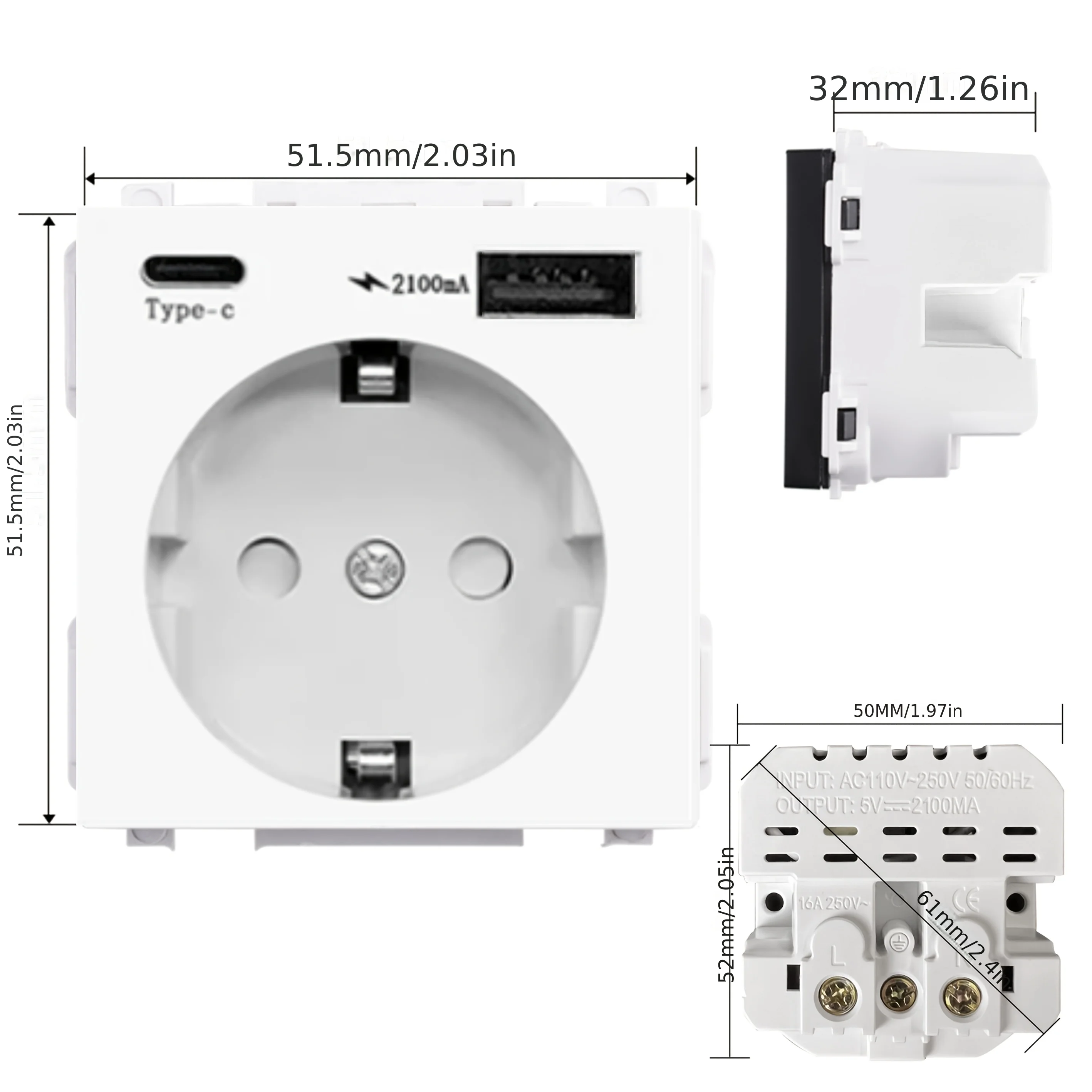EU規格2.1A Type-C USBソケット、16A電源パネルダブルコンセント、AC 110～250V 146mm×86mmダブルフレーム高品質電源コンセント