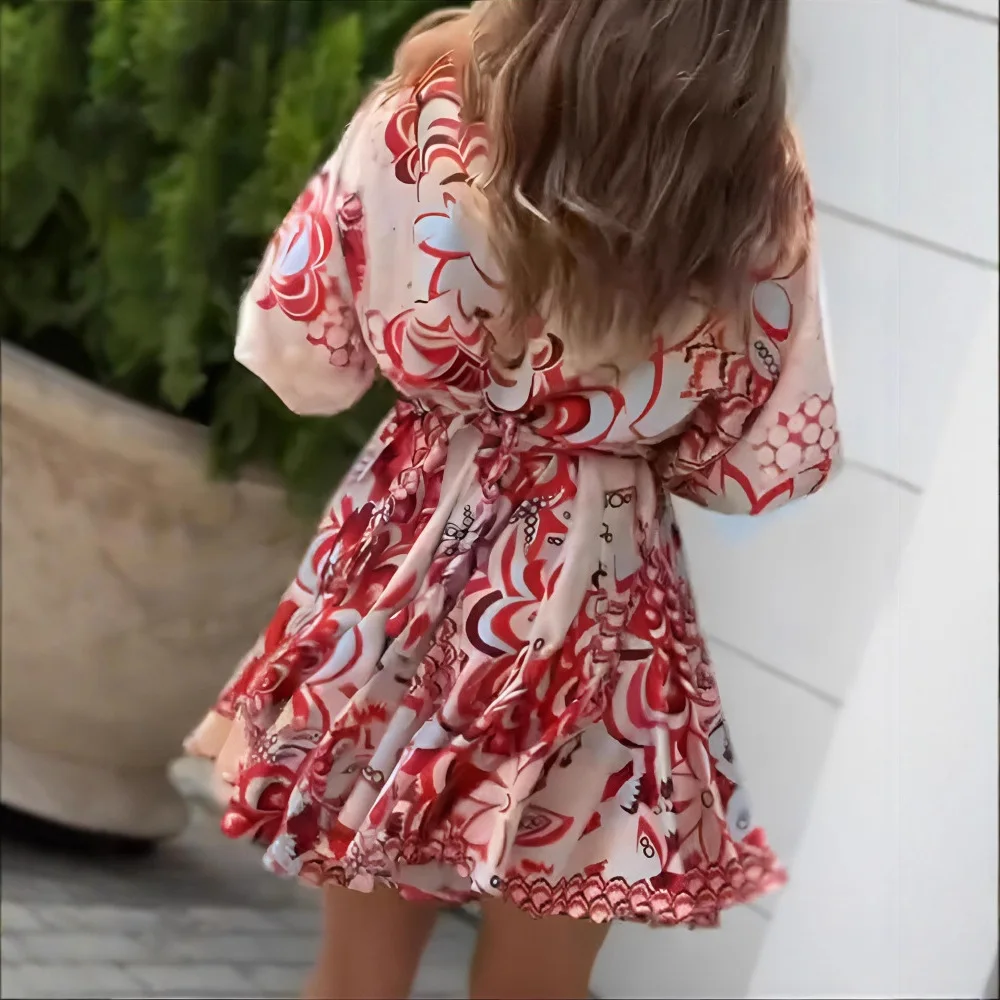 Femmes moulante taille haute mode d'été imprimé abstrait manches bouffantes Mini robe taille décontractée une ligne robe évasée