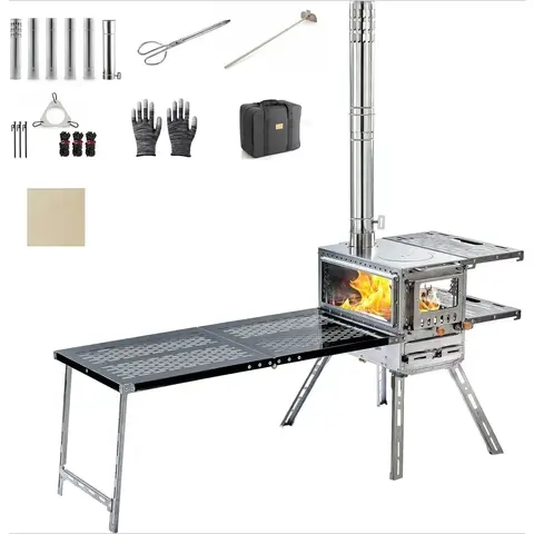 Wood Burning Stove with Oven & Table for Tents, Stainless Steel Portable Hot Tent Stove, Chimney Pipes, Ideal  Outdoor, Camping,