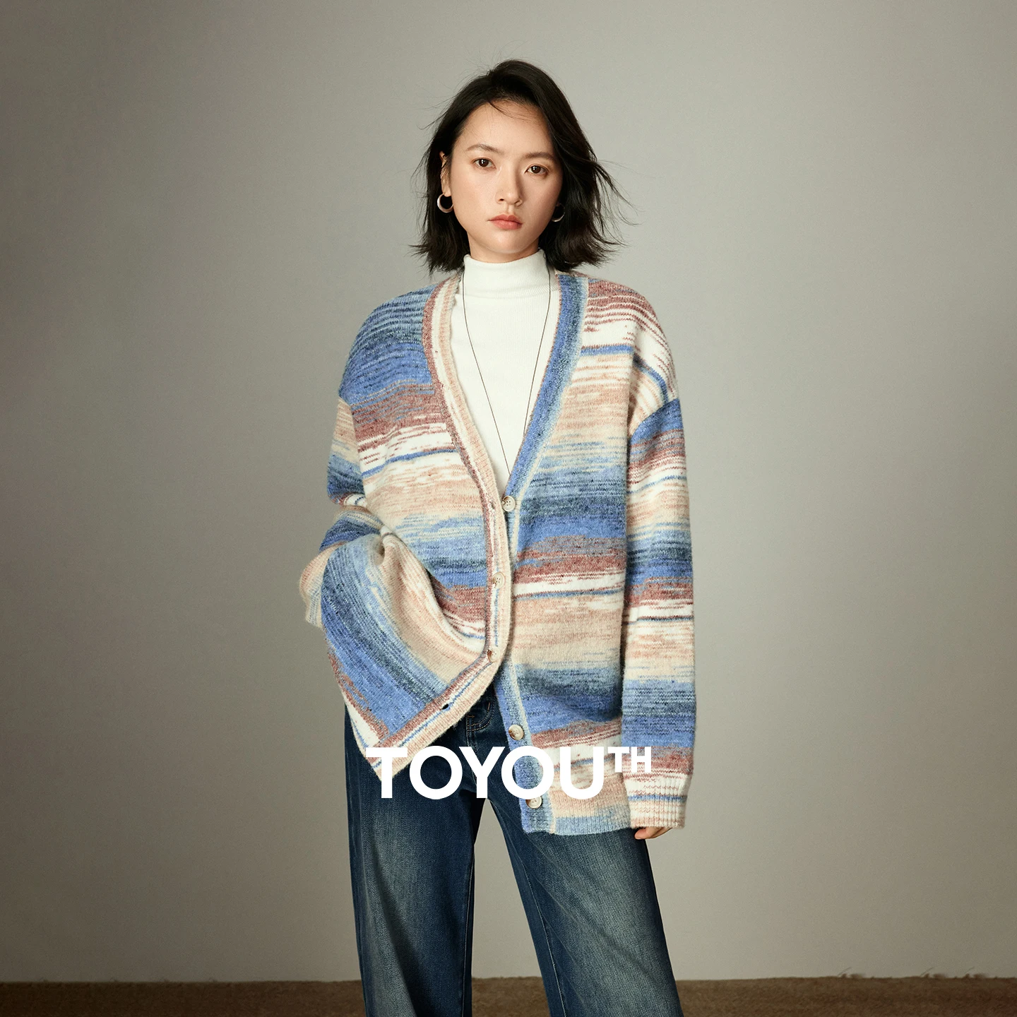 TOYOUTH Women's Gradient Marled Yarn Stripe Sweater 2025 Winter New V-Neck Loose Lazy Romantic Cardigan Coat