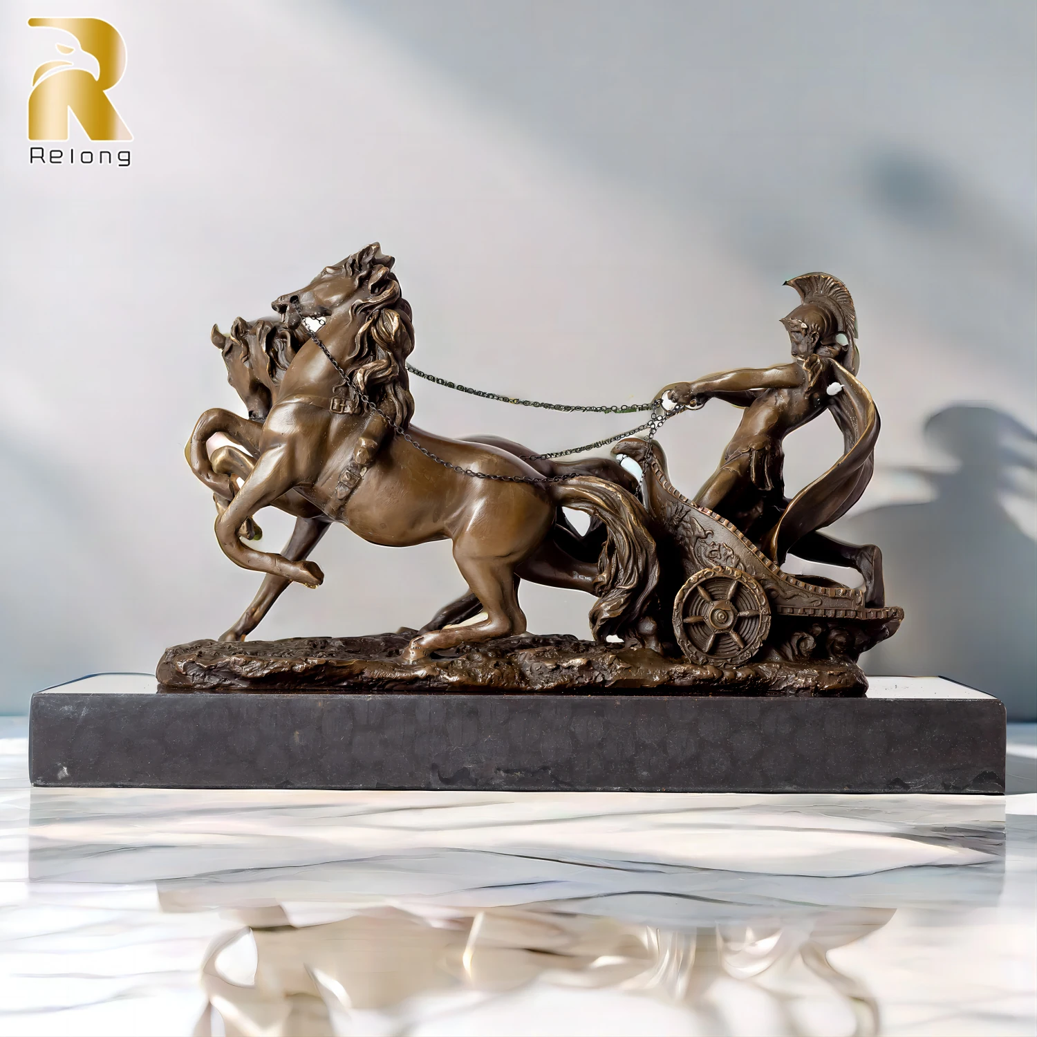 Bronze Soldier Driving Chariot Horses Statue Antique Warrior Soldier With Horse Marble Base For Home Indoor Art Decor Collection