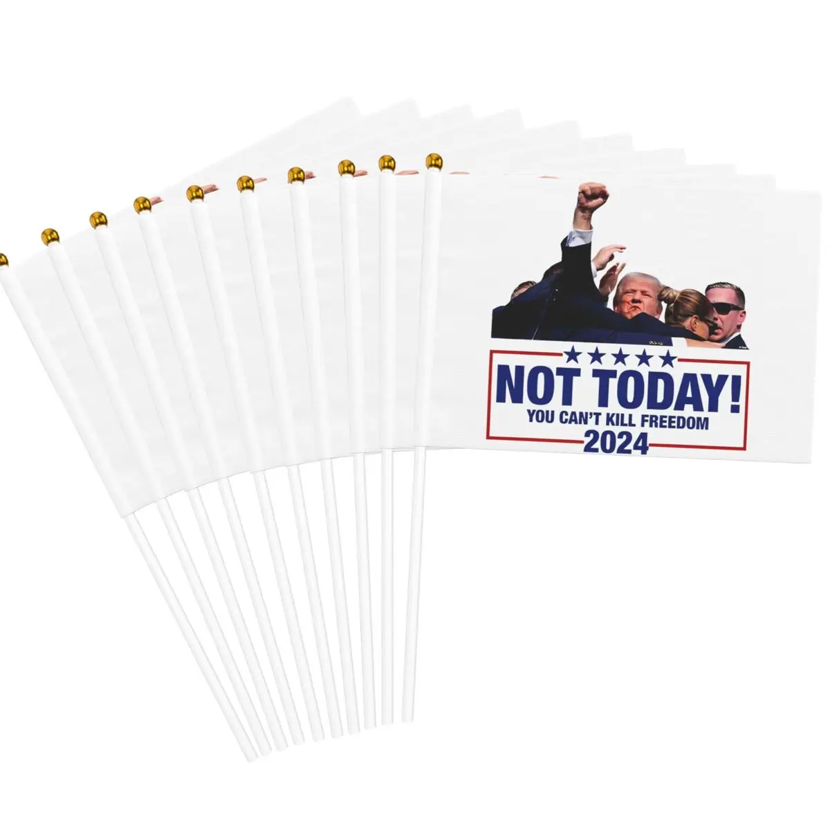 10 Pack Not Today Trump Shooting Handheld Flags 5.5x8.3 Inch Golden Spear Top Trump Assassination Fight For America Stick Flags