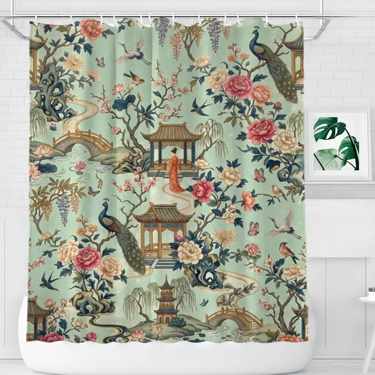 Vintage Chinese Garden Scene Shower Curtain Bathroom Decor Watercolor Floral Peacock Bridge Tapestry