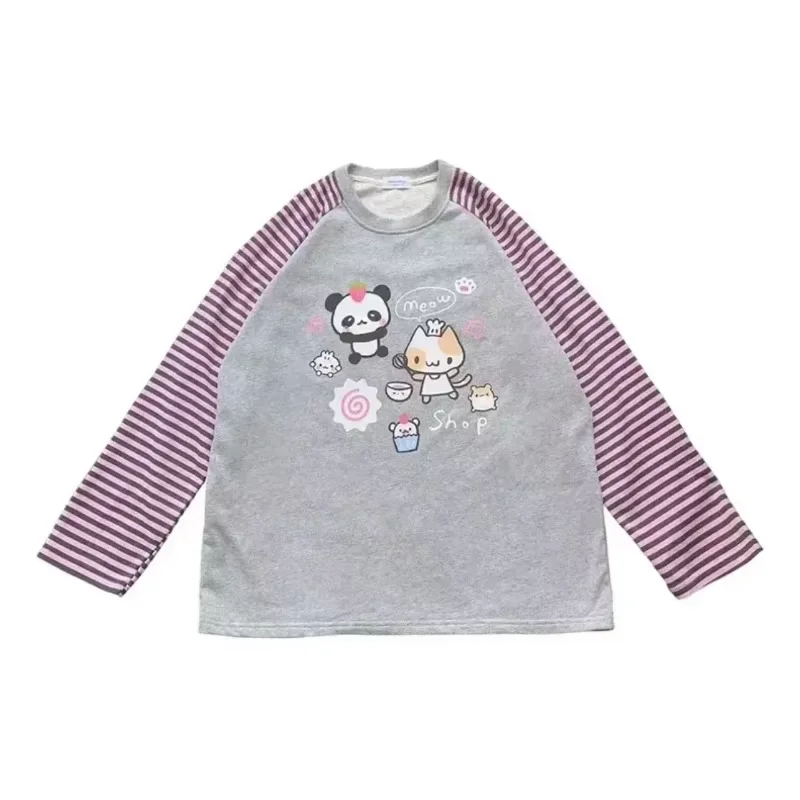 

Japan Kawaii Sweet Women T-Shirt O-Neck Stripe Patchwork Long Sleeve Cartoon Print Loose Pullover Casual Cute Top Youth Vitality