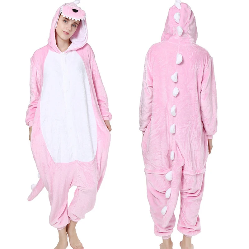 Flannel Cartoon Jumpsuit Pajama Kigurumi Pink Dinosaur Cosplay Costume Autumn Winter Thicken Warm Onesies Sleepwear Lounge Wear