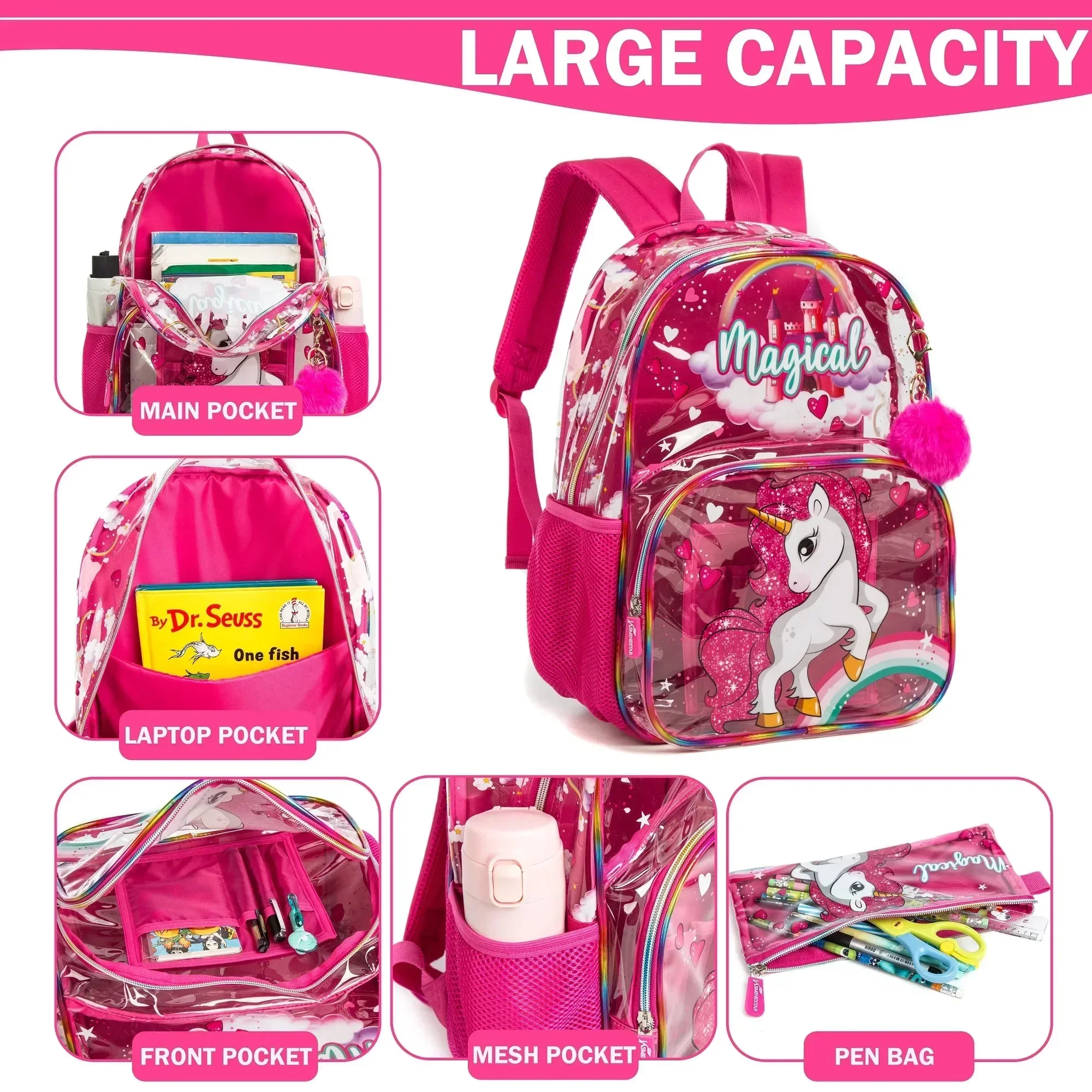 16inch Clear Backpack for Kids Heavy Duty PVC Transparent Backpacks Set See Through School Bag for Girls Boys Elementary Mochila