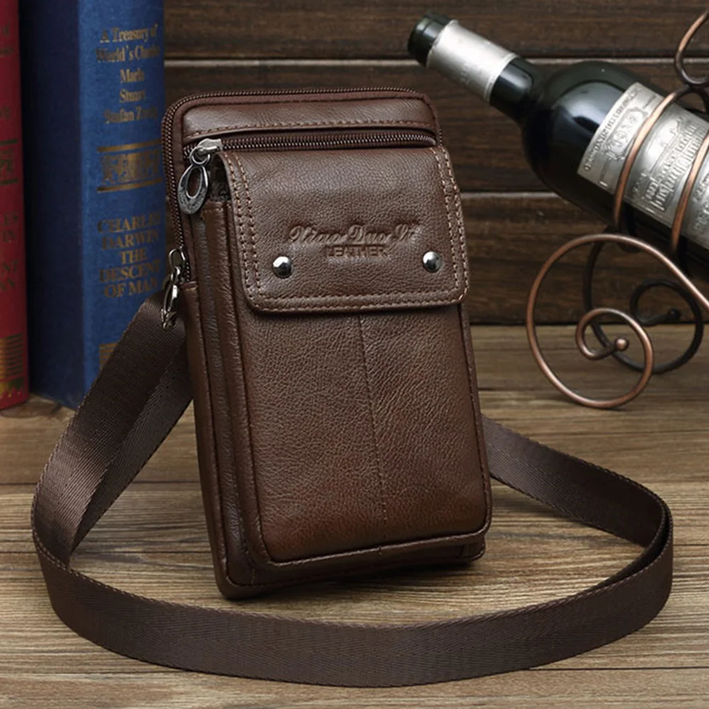 New Men Small Shoulder Fanny Messenger Bags Purse Hook Vertical Casual Fashion Cross Body Genuine Leather Waist Belt Pack Bag