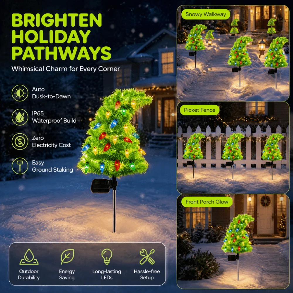 Weatherproof Solar Christmas Tree Waterproof Solar Powered Yard Decor Lights Funny Shape With Ground Stakes Night Lamp Yard