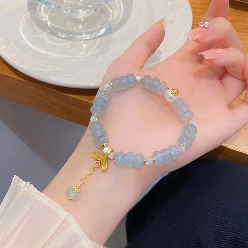 Super Fairy New Chinese Sweet Fresh Mori Blue Chalcedony Minimalist Design Gentle Temperament Fishtail Bracelet