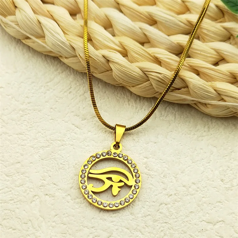 Egyptian Eye of Ra Necklace for Women Men Stainless Steel Gold Color Rhinestone Mythology Horus Vintage Amulet Chain Jewelry