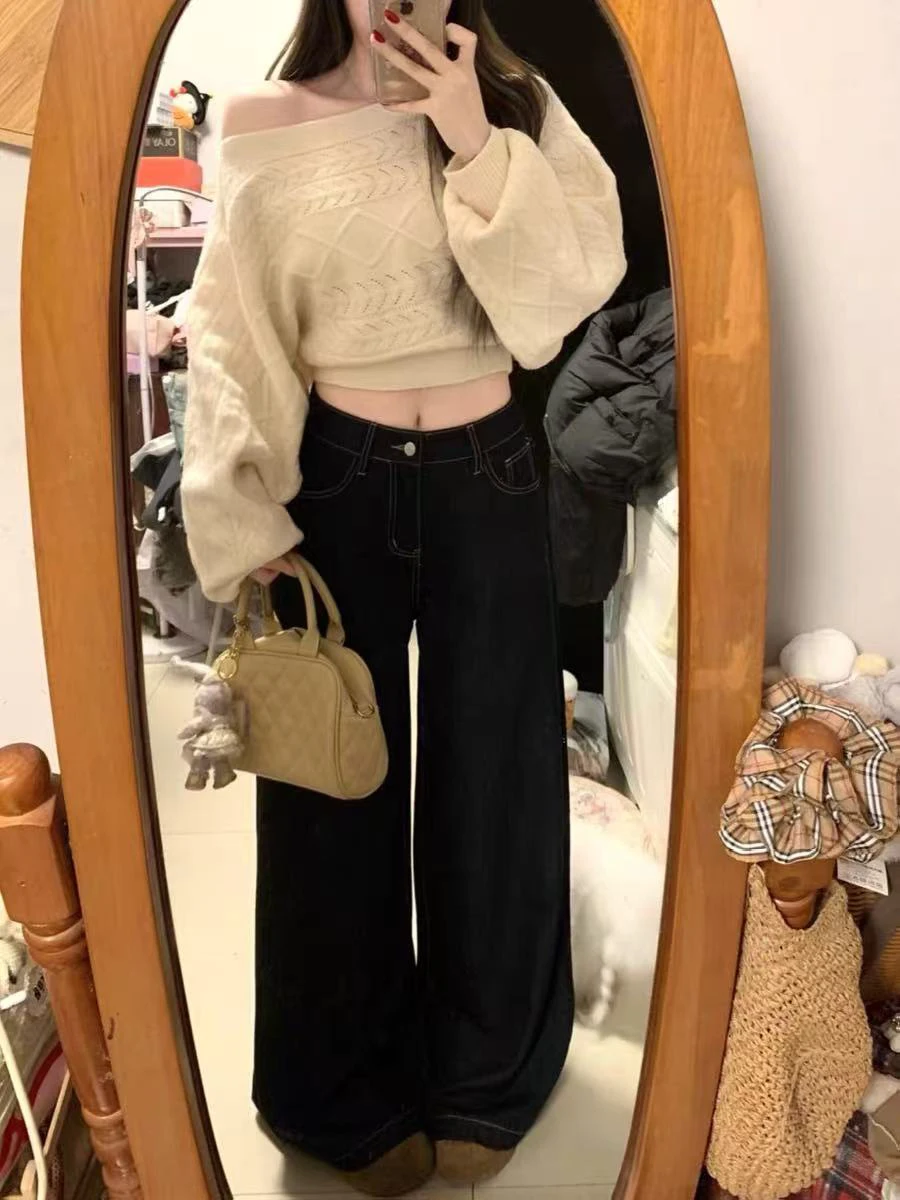 

Джинсы женские американского стиля больших размеров, свободные, с высокой талией, прямые, широкие, в пол, осенне-зимние, повседневные, синие