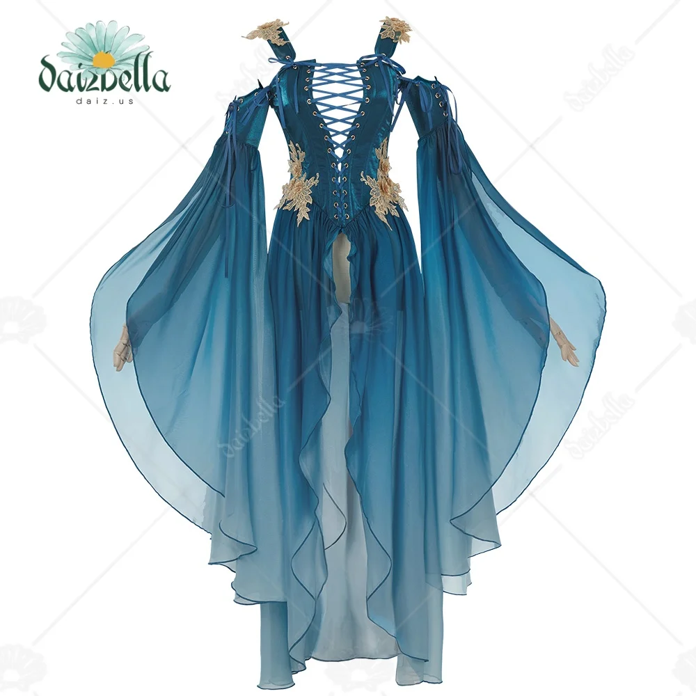 DAIZBELLA Women's Medieval Renaissance Costume Elf Style Only Blue Dress with Sleeves for Halloween Cosplay Costume