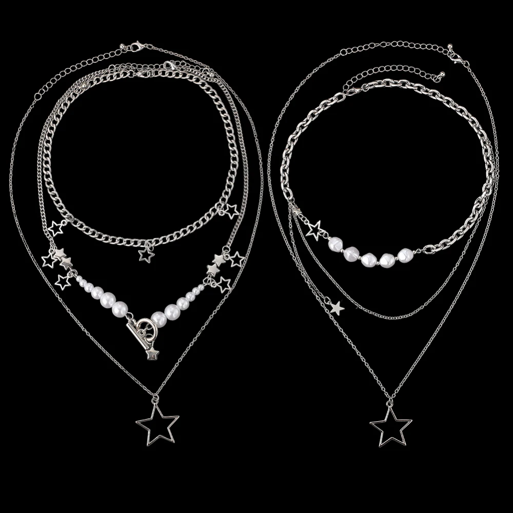 1 Box 5pcs 2 Sets Silver Star Necklace Layer Star Necklace Alloy Silver Vintage Pearls Beaded Multi Layered Pentagram Five Point