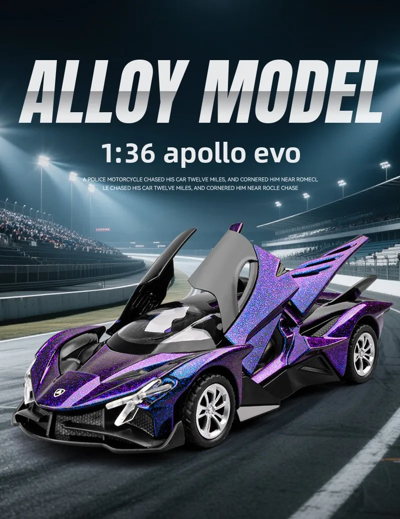 1:36 Apollo EVO Roadster Suono e luce Tirare indietro Modello di auto giocattolo per bambini Ornamento Modello di auto in lega pressofusa da collezione