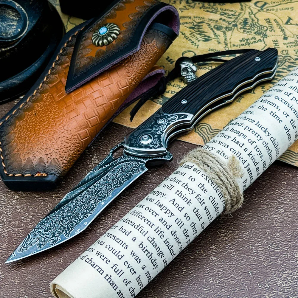 Acampamento ao ar livre caça faca de pesca urso preto dobrável lâmina de aço damasco ébano lidar com multi-função sobrevivência ferramentas edc