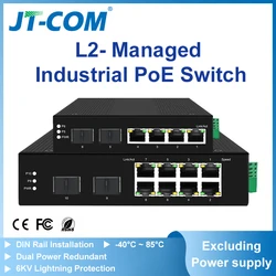 JT-COM przemysłowy przełącznik PoE 4/8 Port 10/100/1000Mbps + 2 portowe gigabitowe gniazda SFP DIN-Rail IP40 Standard IEEE802.3af/at