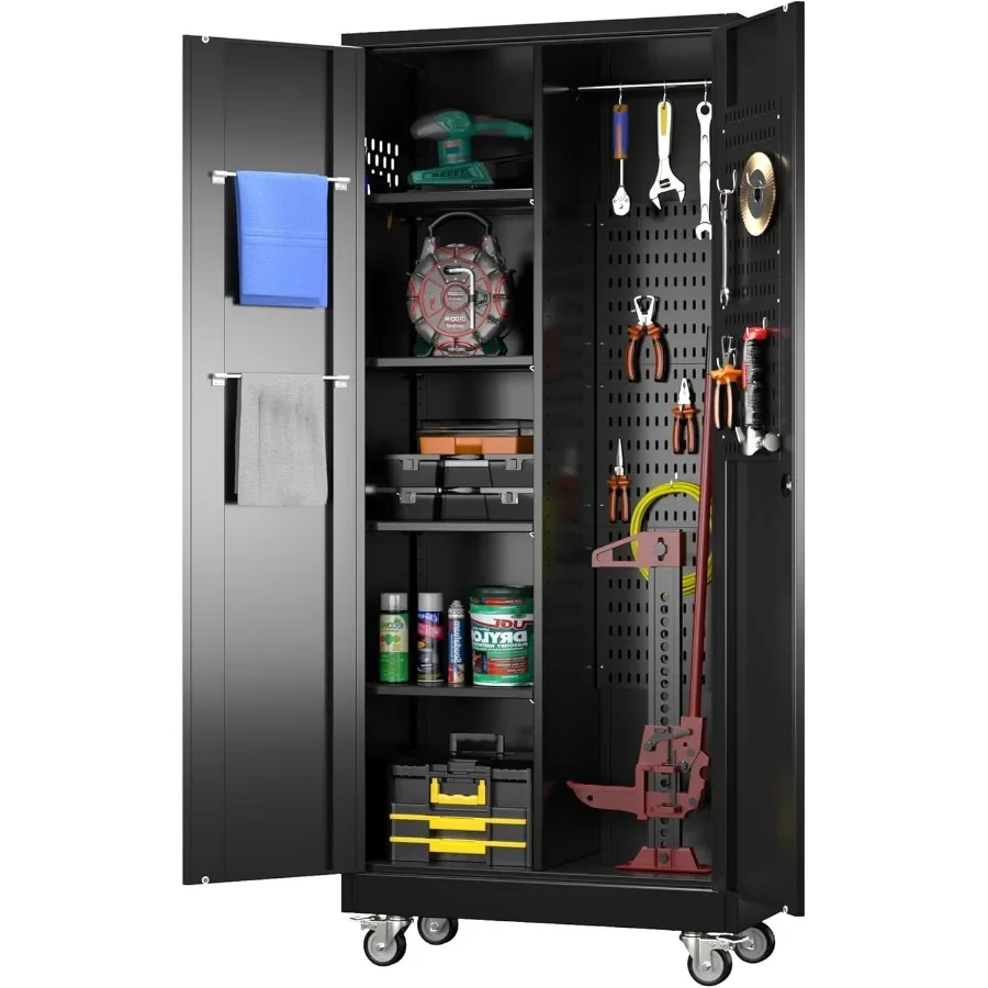 

Гаражный шкаф для хранения на колесах. Металлический шкаф для инструментов с перфораторами и 4 регулируемыми полками. Система хранения в гараже с замком.