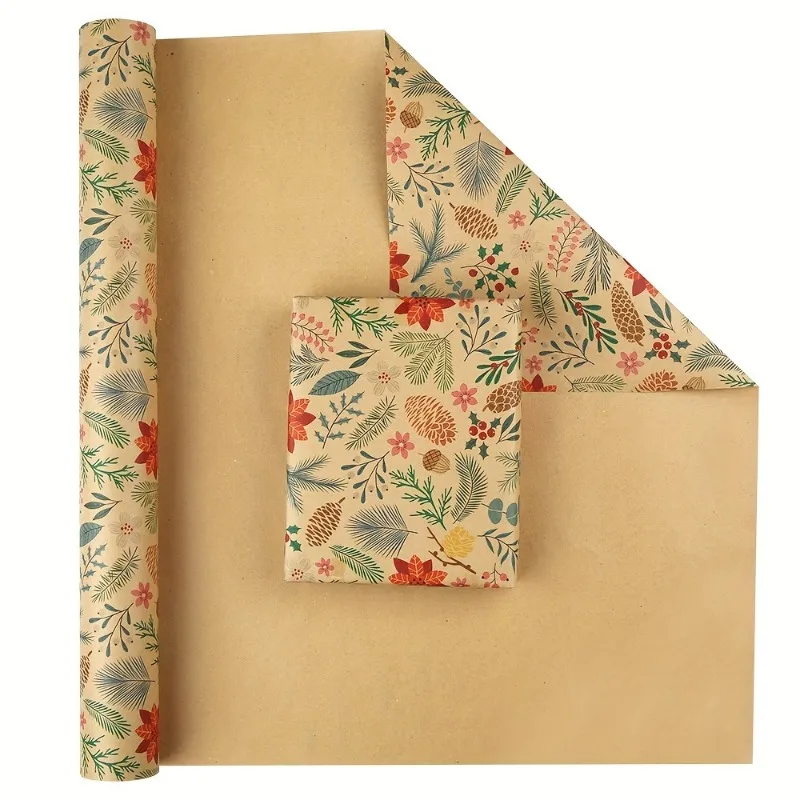 1 لفة 393.7 * 16.9 بوصة ورق تغليف هدايا عيد الميلاد مع تصميمات الأزهار والأوراق وأنماط الأشجار والرنة، يمكن قطعها بحرية #5