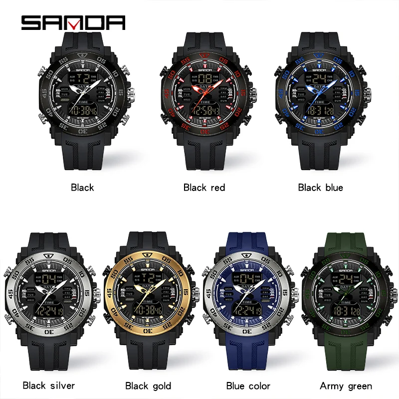 SANDA-reloj deportivo de cuarzo para hombre, cronógrafo de pulsera militar, resistente al agua, Digital, LED, esfera grande