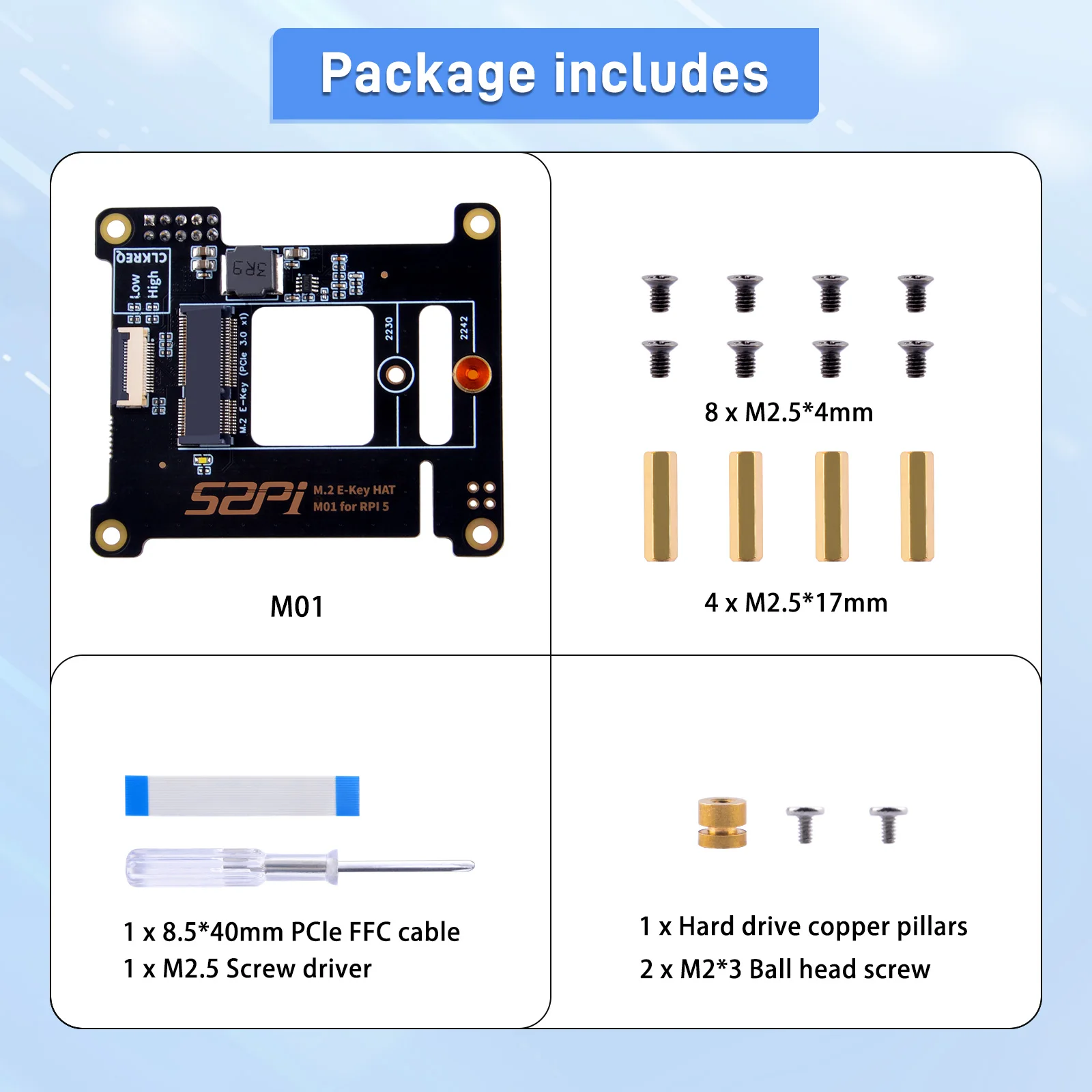 52Pi Raspberry Pi 5 M01 M.2 2242 E-klucz cylinder 2230/2242 gniazdo rozszerzeń dla Raspberry Pi 5