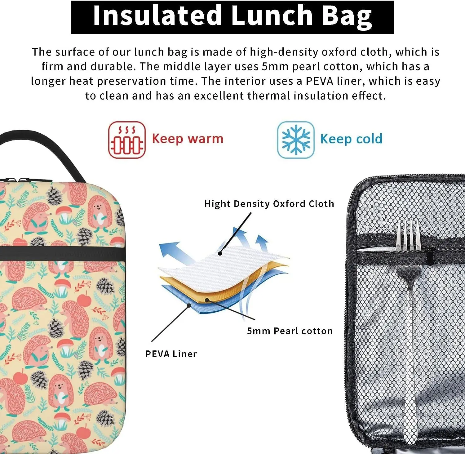 Borsa per il pranzo isolata della foresta del riccio dell'acquerello scatola per il pranzo per la borsa del pasto di viaggio dell'ufficio per le donne e gli uomini Picnic della scuola dei bambini