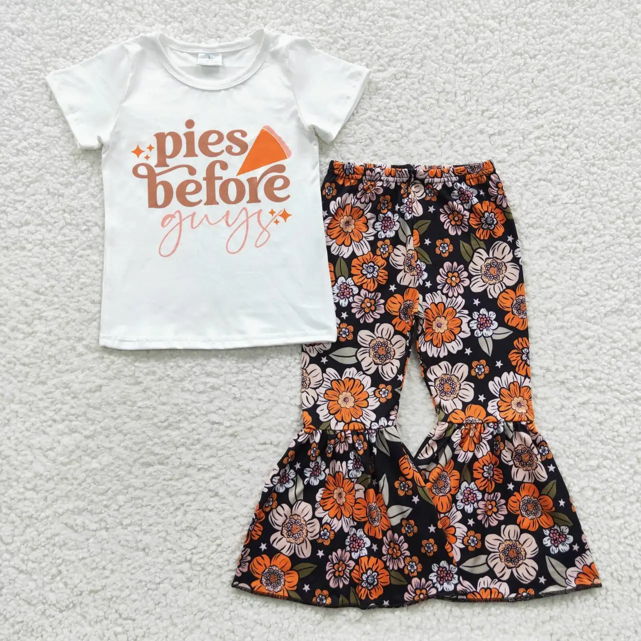 

GSPO0699 Kids Clothes Short Sleeve Letter Print Top With Bell Bottom Pants 2 Pieces Set Baby Girl Outfits