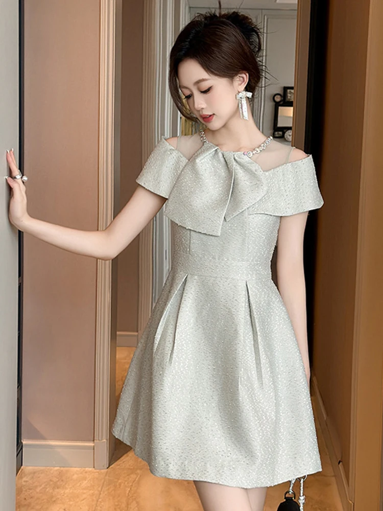 Elegant Pretty Party Dress Women's Cute kawaii Bow Sheer Mesh Splice Diamonds Pleated Ball Gown Female Night Out Vestidos Lady