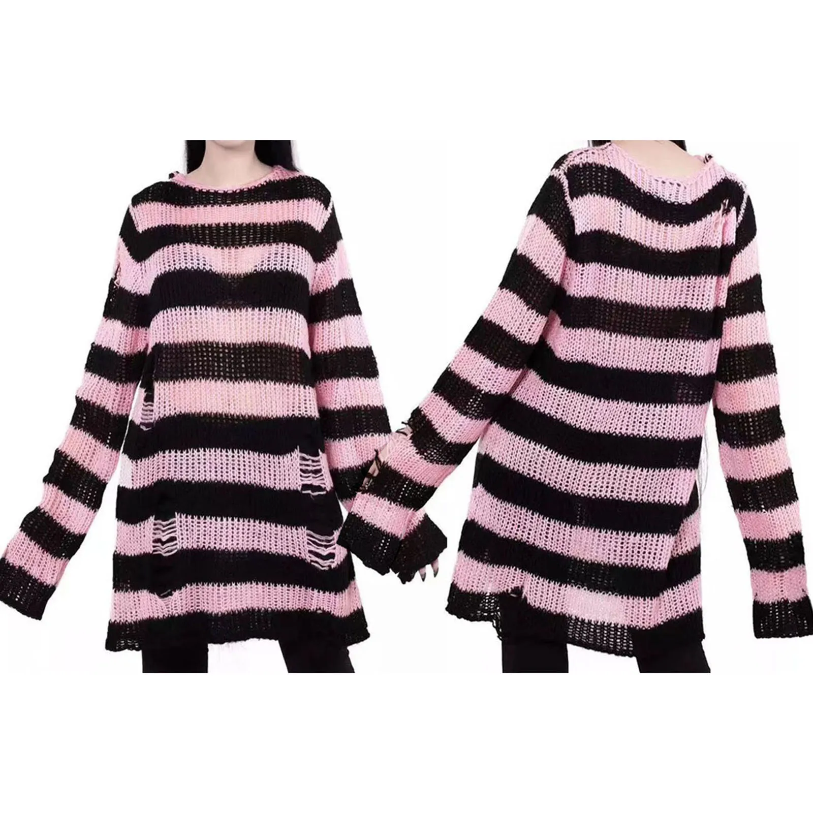 Women Punk Gothic Long Striped Sweater Hollow Out Loose Knit Pullover Tops Harajuku Aesthetics Ripped Jumpers