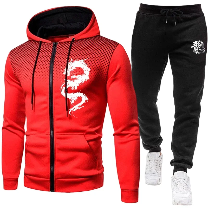 Men's Paris Dragon Pattern Fashion Print Set Two Piece Set Hoodie and Warm Pants Winter Simple Hoodie Set Clearance Men Clothing view 3
