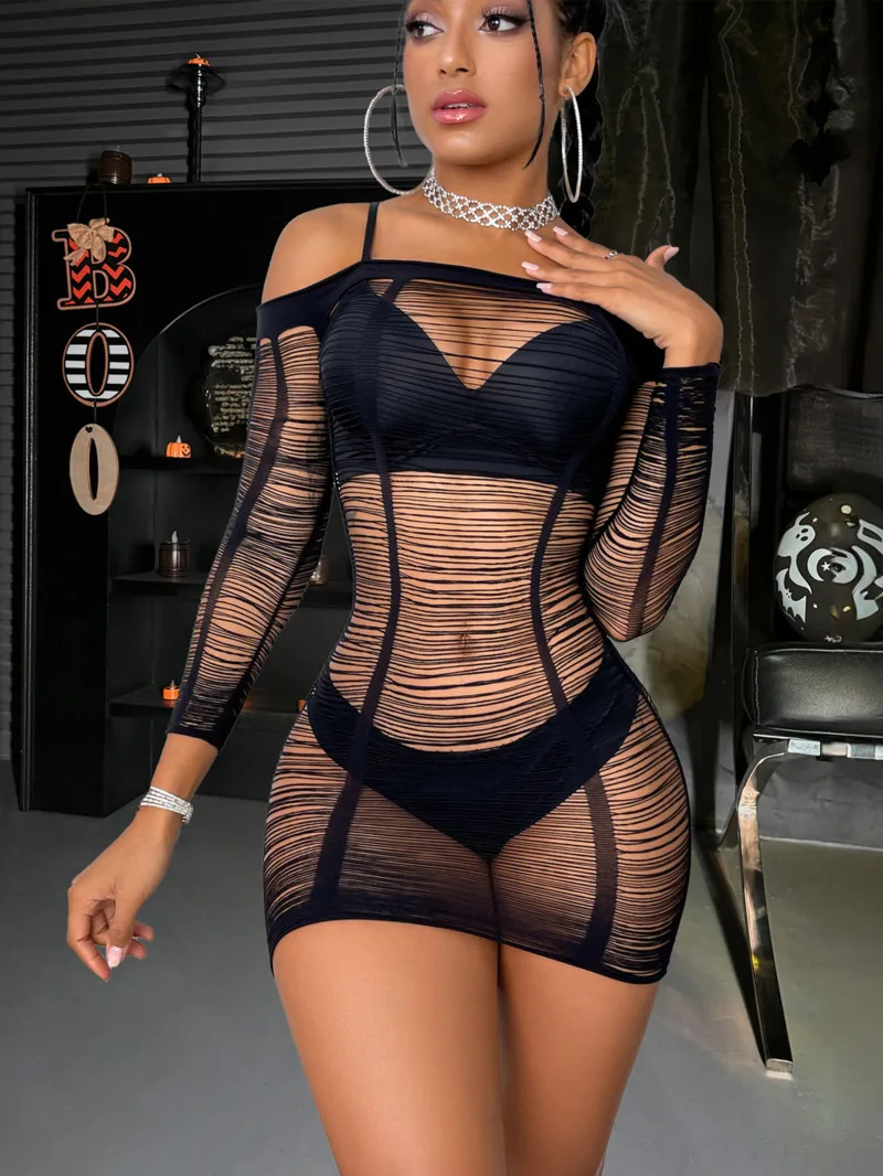 

Halloween Cosplay Sexy Super Short Skull Spider Web Sleeves Sexy Women's Mesh Dress For Nightclub Charming Elegant Casual DEE0