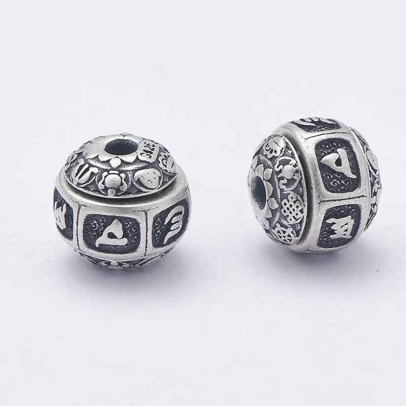 100% 925 Silver Tibetan OM Mani Beads Sterling Buddhist Auspicious Symbols  Loose Beads DIY Bracelet Findings