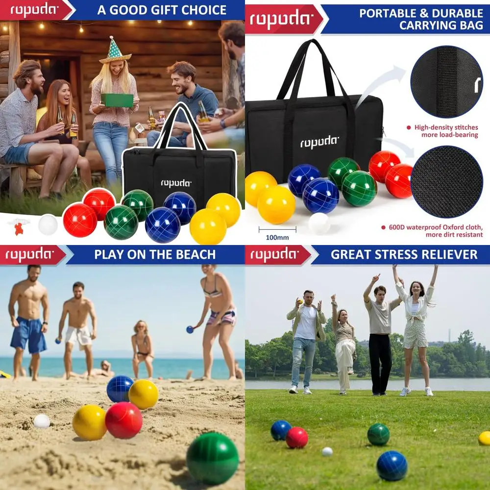 Zestaw do bocce ropoda 100 mm, rozmiar i waga oficjalne, z 8 kulami bocce z żywicy, pallino 50 mm, torba do przenoszenia, sznur pomiarowy, ba