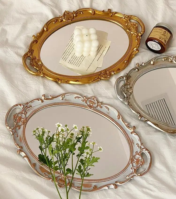 

European Decorative Plate Storage Tray Oval Jewelry Display Rotary Mirror Candy Decor Make Up